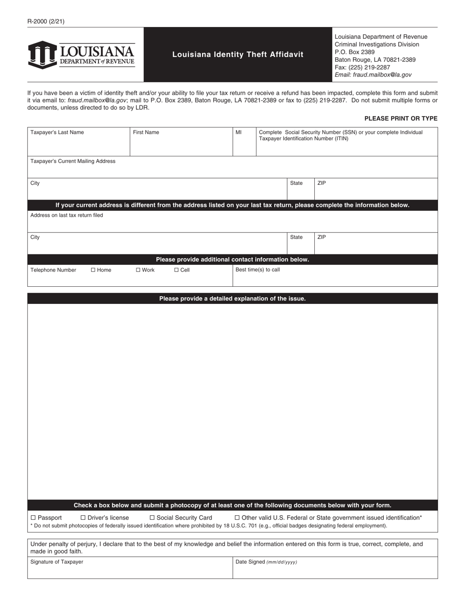 Form R-2000 Louisiana Identity Theft Affidavit - Louisiana, Page 1