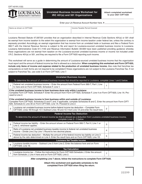 Form CIFT-401W Unrelated Business Income Worksheet for IRC 401(A) and 501 Organizations - Louisiana, 2021