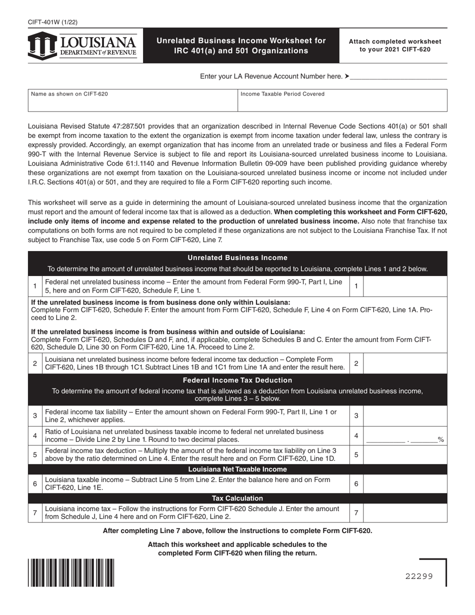 Form CIFT-401W Unrelated Business Income Worksheet for IRC 401(A) and 501 Organizations - Louisiana, Page 1