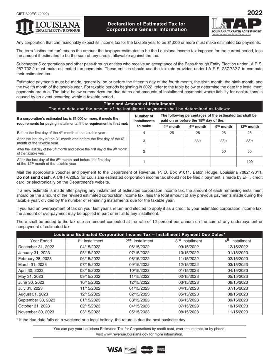 Instructions for Form CIFT-620ES Louisiana Estimated Tax Declaration Voucher for Corporations - Louisiana, Page 1