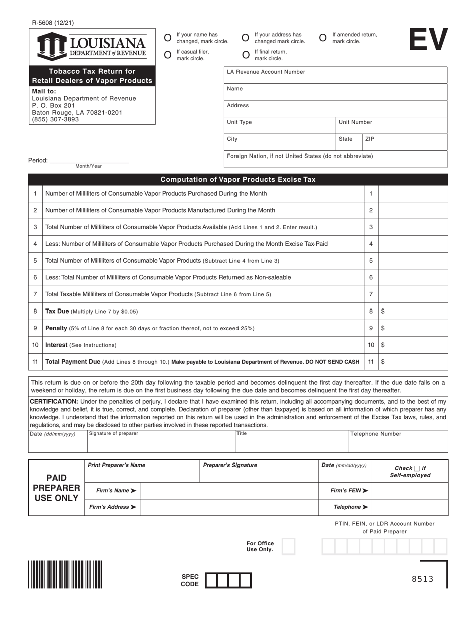 Form R-5608 Tobacco Tax Return for Retail Dealers of Vapor Products - Louisiana, Page 1