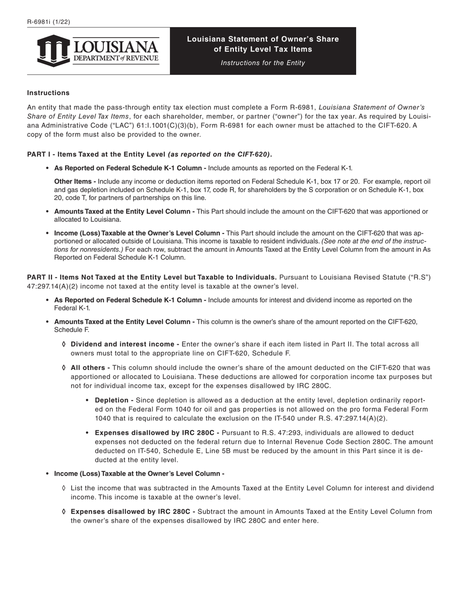 Form R-6981 Louisiana Statement of Owners Share of Entity Level Tax Items - Louisiana, Page 2