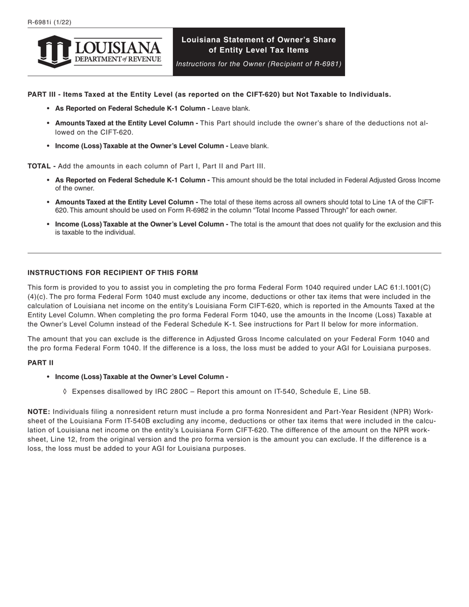Form R-6981 Louisiana Statement of Owners Share of Entity Level Tax Items - Louisiana, Page 3