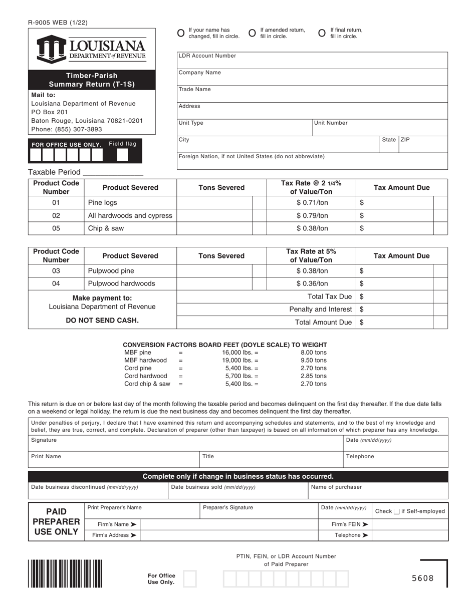 Form T-1S (R-9005) Timber-Parish Summary Return - Louisiana, Page 1