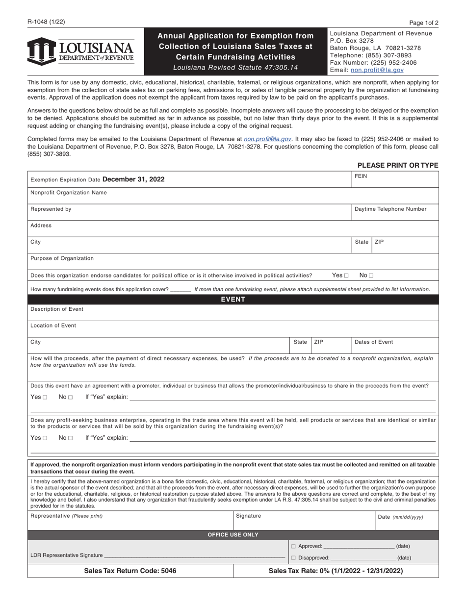 Form R-1048 Annual Application for Exemption From Collection of Louisiana Sales Taxes at Certain Fundraising Activities - Louisiana, Page 1