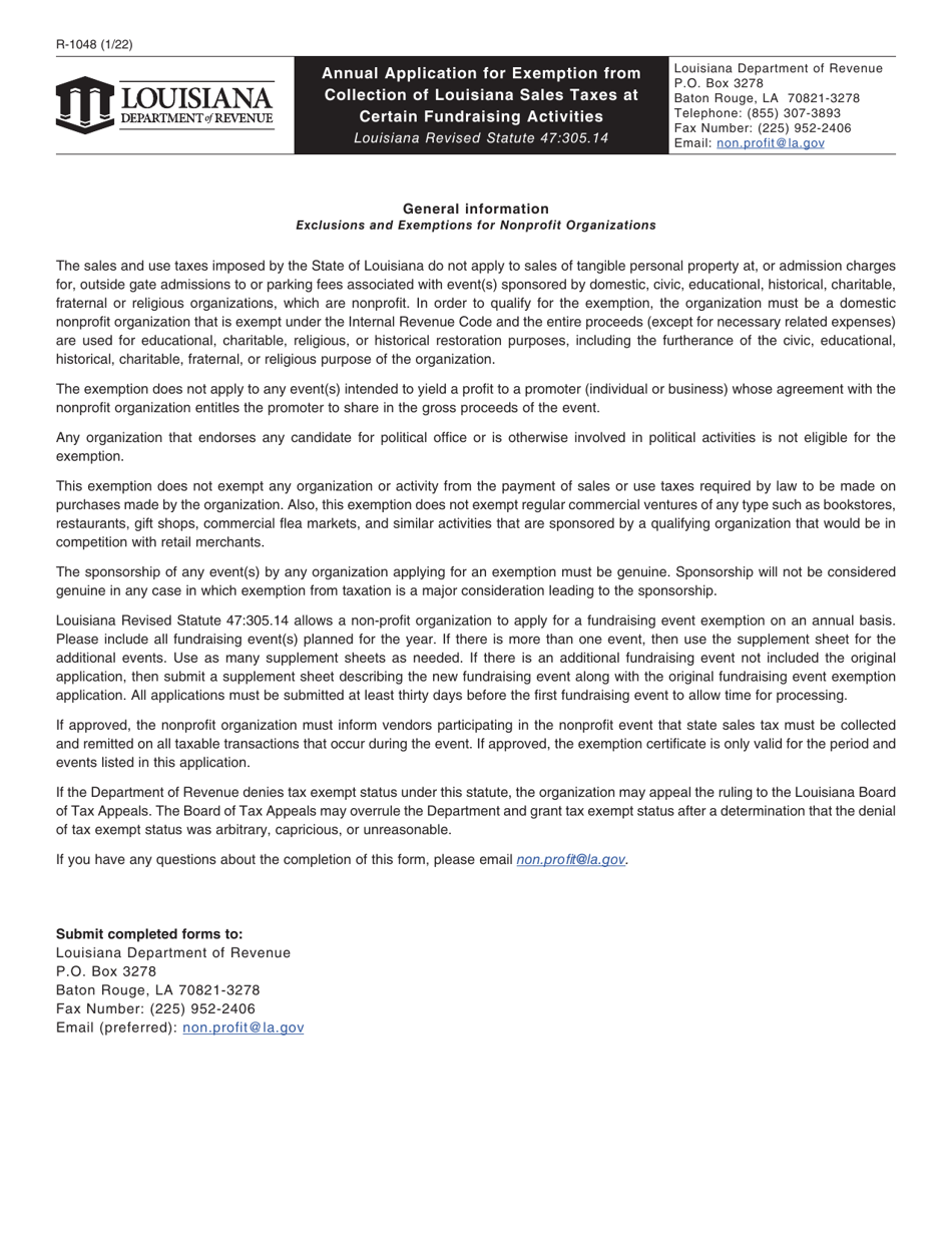 Form R-1048 Annual Application for Exemption From Collection of Louisiana Sales Taxes at Certain Fundraising Activities - Louisiana, Page 3