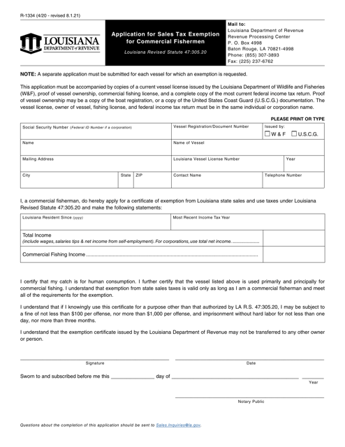 Form R-1334 Application for Sales Tax Exemption for Commercial Fishermen - Louisiana