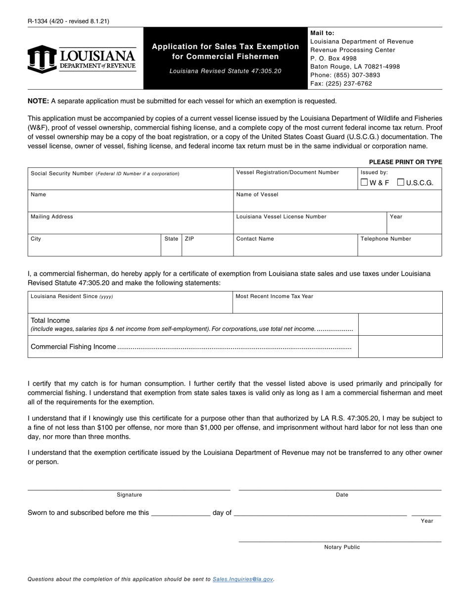 Form R-1334 Application for Sales Tax Exemption for Commercial Fishermen - Louisiana, Page 1