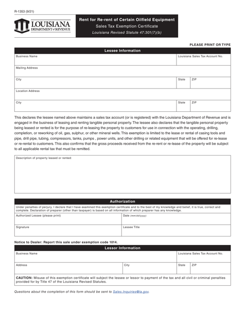 Form R-1353 Rent for Re-rent of Certain Oilfield Equipment - Louisiana