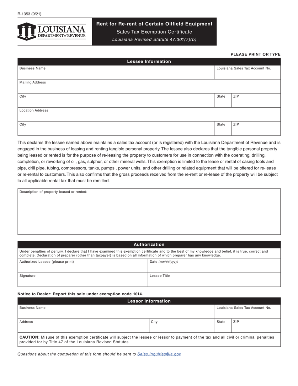 Form R-1353 Rent for Re-rent of Certain Oilfield Equipment - Louisiana, Page 1