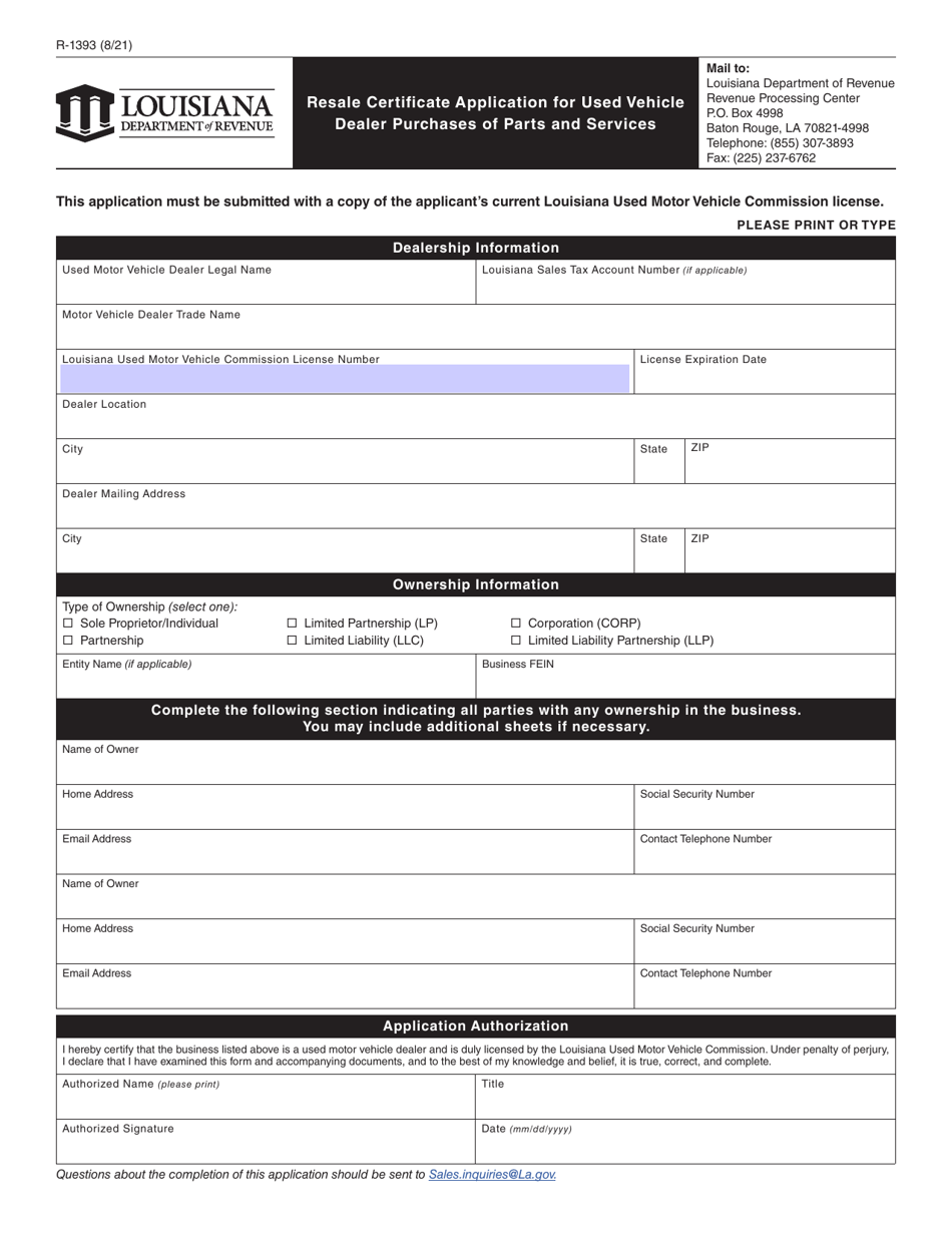 Form R-1393 Resale Certificate Application for Used Vehicle Dealer Purchases of Parts and Services - Louisiana, Page 1