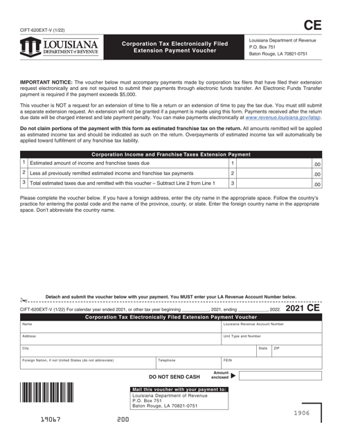 Form CIFT-620EXT-V Corporation Tax Electronically Filed Extension Payment Voucher - Louisiana, 2021