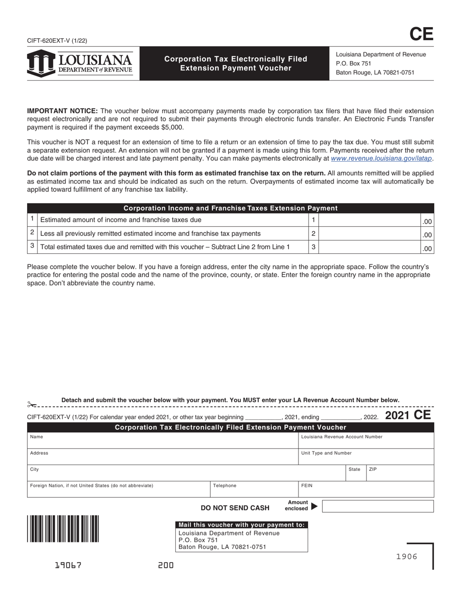 Form CIFT-620EXT-V Corporation Tax Electronically Filed Extension Payment Voucher - Louisiana, Page 1