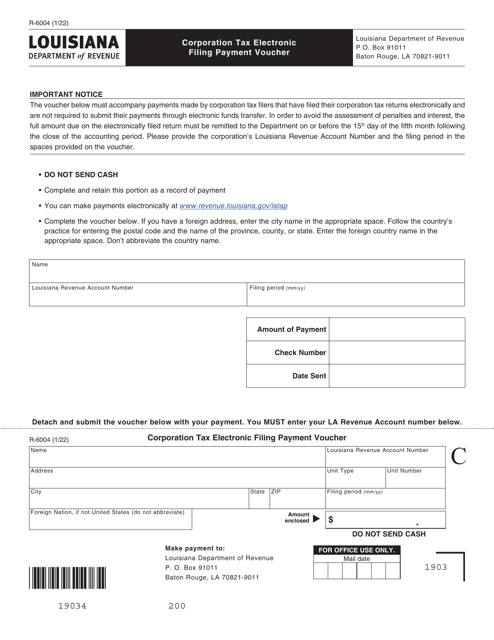 Form R-6004 Corporation Tax Electronic Filing Payment Voucher - Louisiana