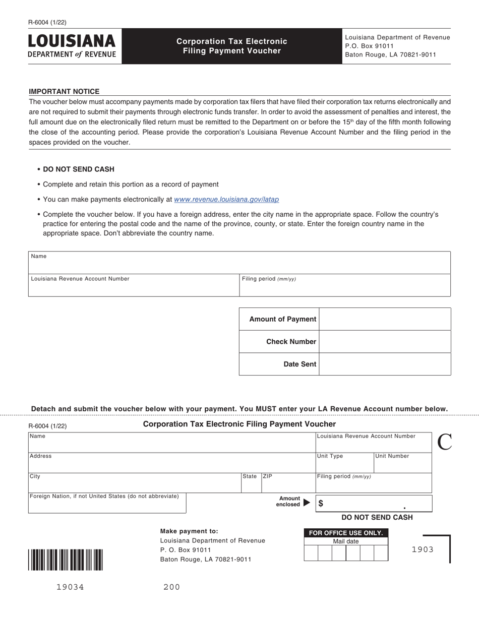 Form R-6004 Corporation Tax Electronic Filing Payment Voucher - Louisiana, Page 1