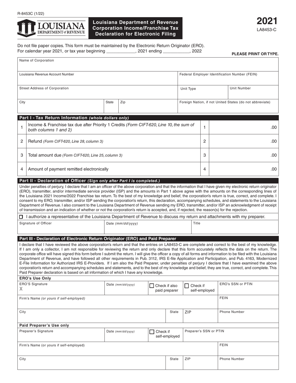 Form R-8453C Corporation Income / Franchise Tax Declaration for Electronic Filing - Louisiana, Page 1