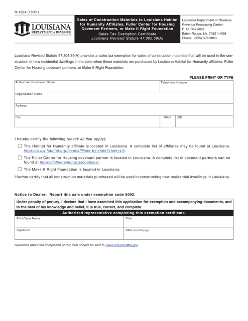 Form R-1324 Sales of Construction Materials to Louisiana Habitat for Humanity Affiliates, Fuller Center for Housing Covenant Partners, or Make It Right Foundation - Louisiana