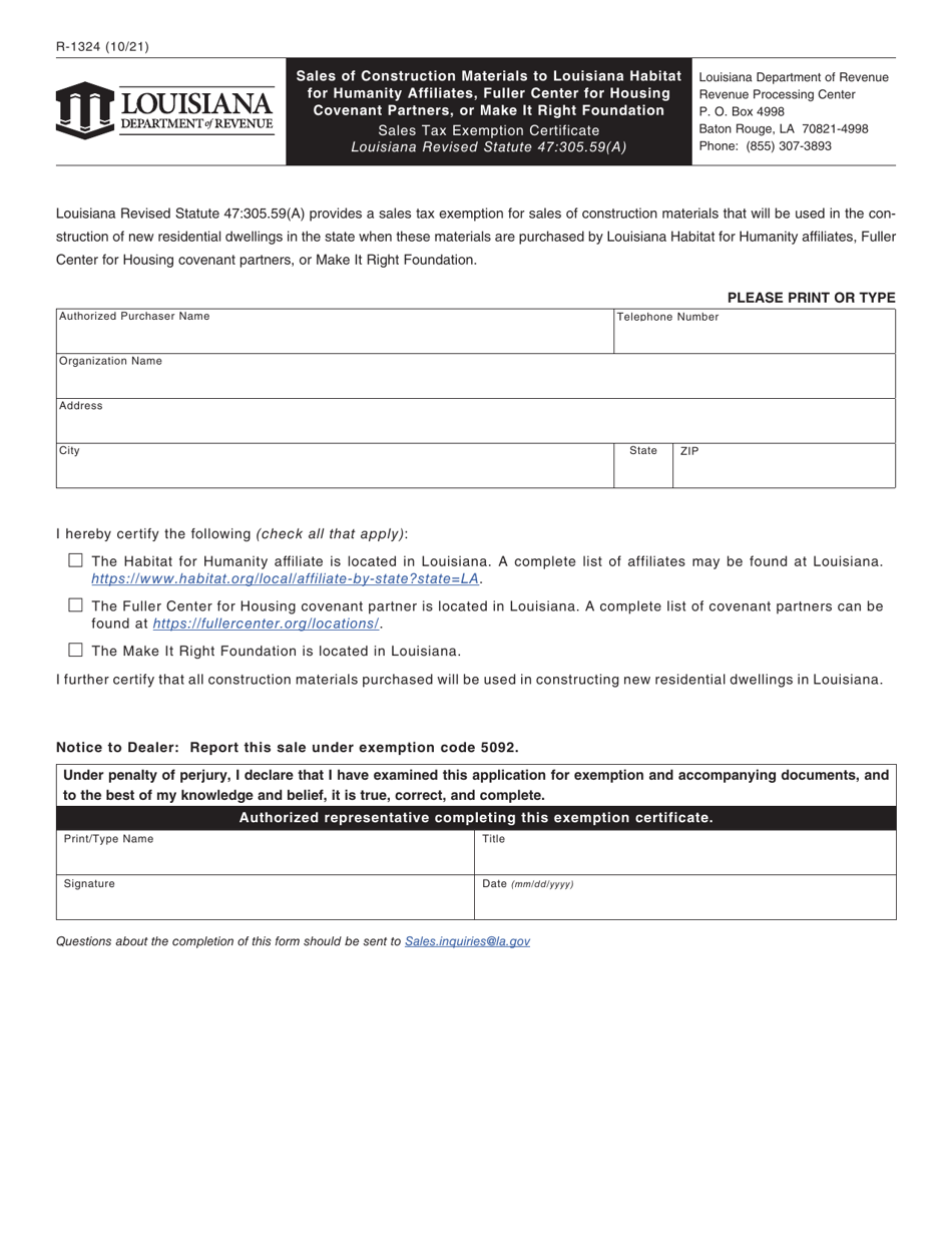 Form R-1324 Sales of Construction Materials to Louisiana Habitat for Humanity Affiliates, Fuller Center for Housing Covenant Partners, or Make It Right Foundation - Louisiana, Page 1