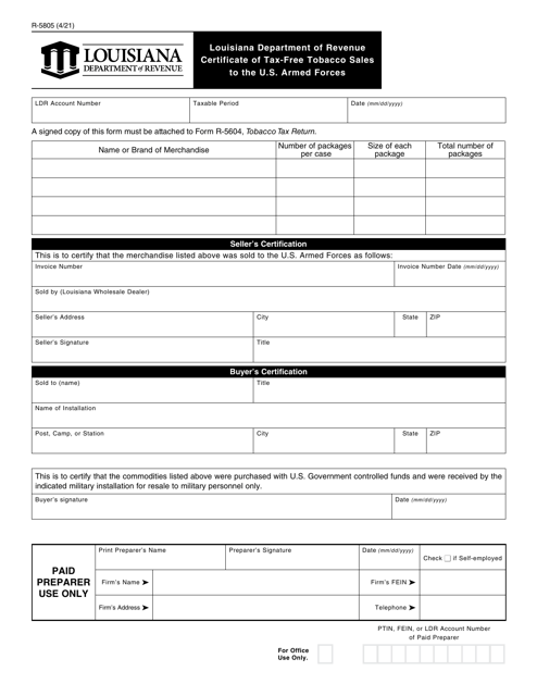 Form R-5805 Certificate of Tax-Free Tobacco Sales to the U.S. Armed Forces - Louisiana