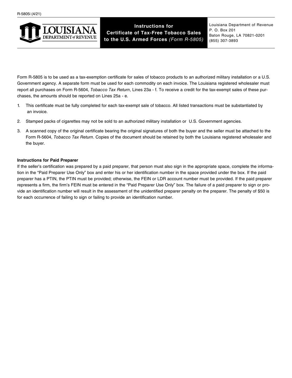 Form R-5805 Certificate of Tax-Free Tobacco Sales to the U.S. Armed Forces - Louisiana, Page 2