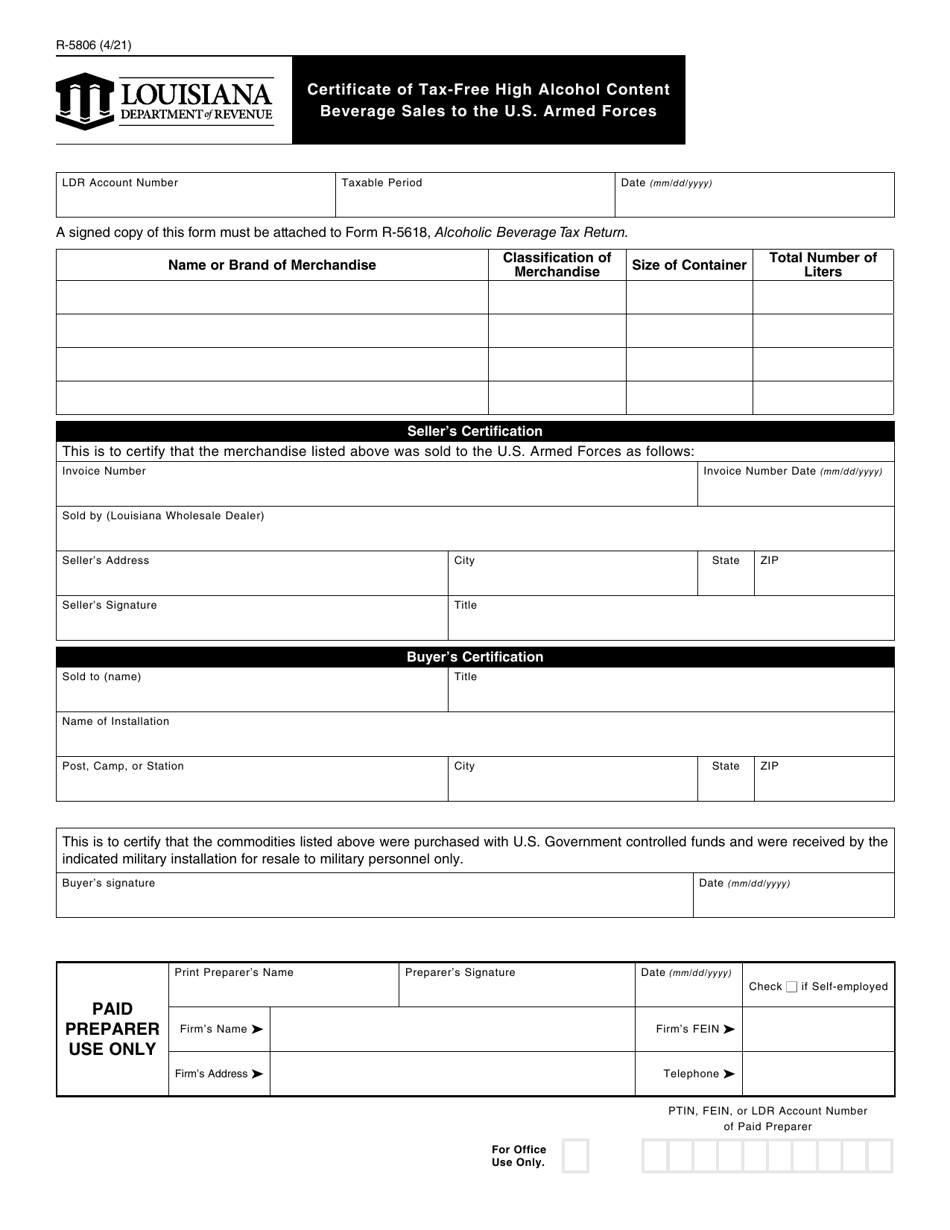 Form R-5806 Certificate of Tax-Free High Alcohol Content Beverage Sales to the U.S. Armed Forces - Louisiana, Page 1