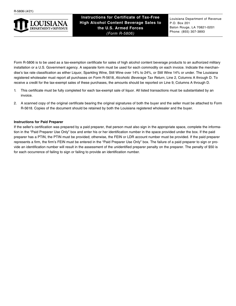 Form R-5806 Certificate of Tax-Free High Alcohol Content Beverage Sales to the U.S. Armed Forces - Louisiana, Page 2