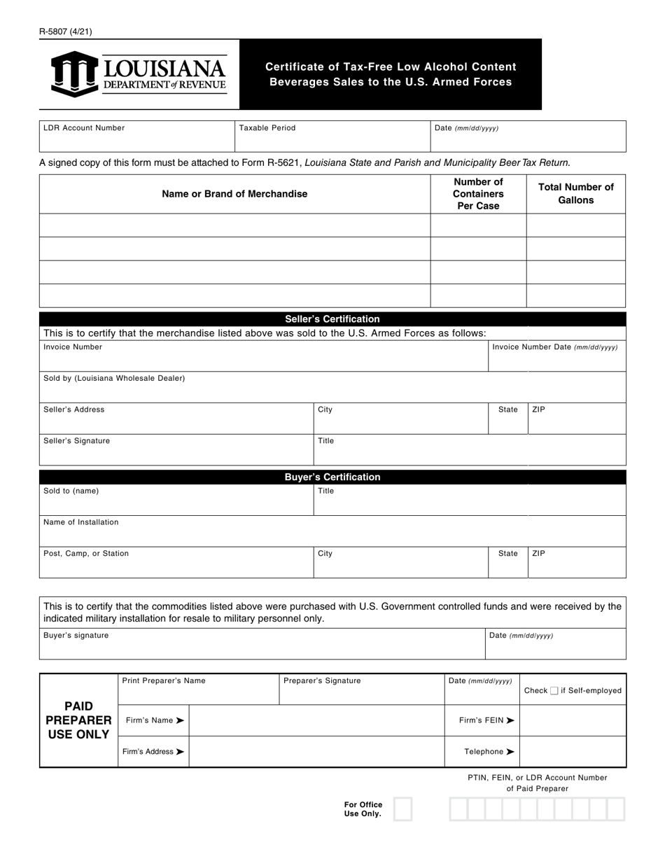 Form R-5807 Certificate of Tax-Free Low Alcohol Content Beverages Sales to the U.S. Armed Forces - Louisiana, Page 1