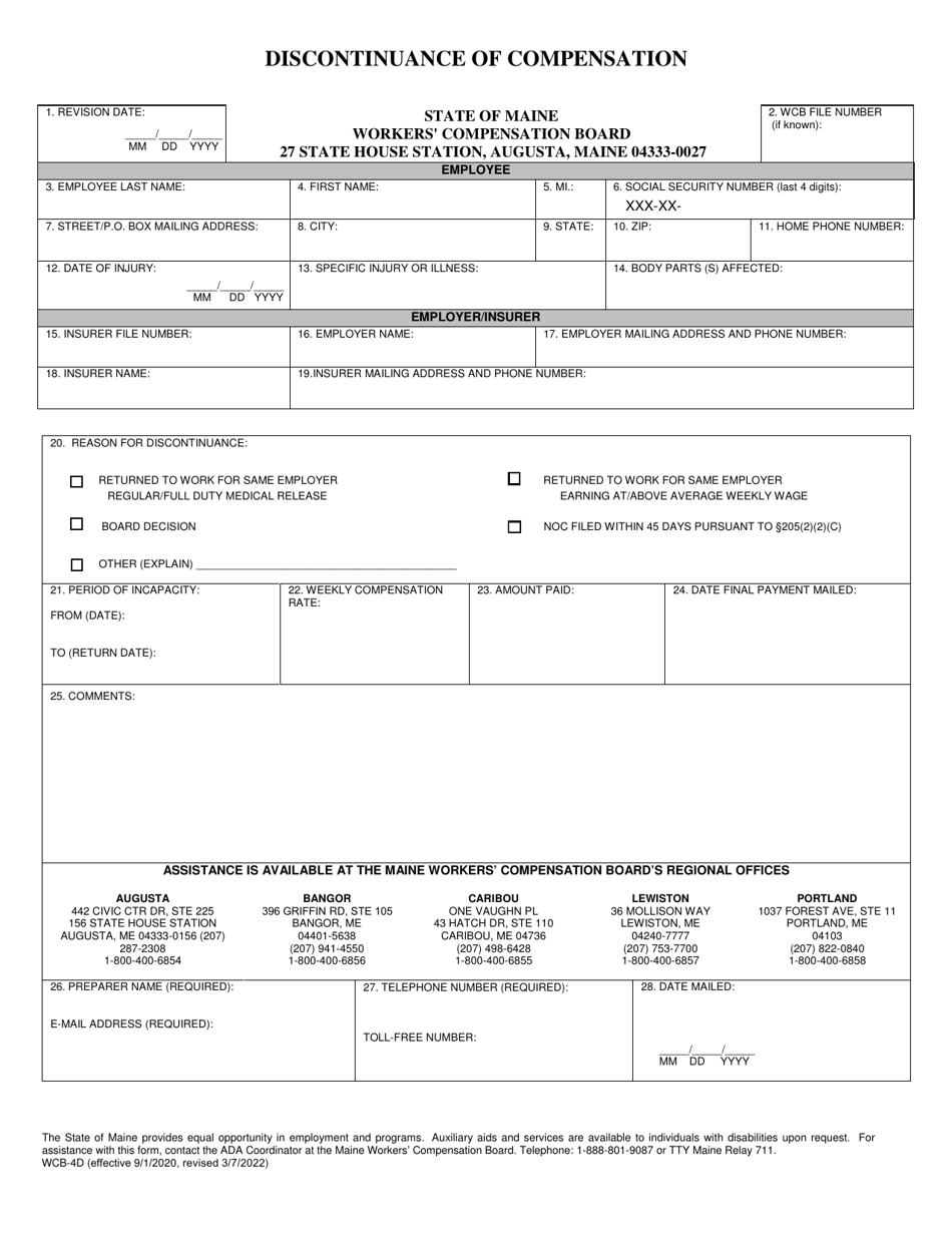 Form WCB-4D Discontinuance of Compensation - Maine, Page 1