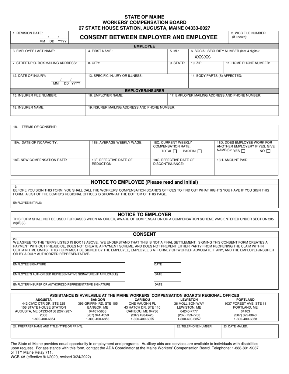 Form WCB-4A Consent Between Employer and Employee - Maine, Page 1