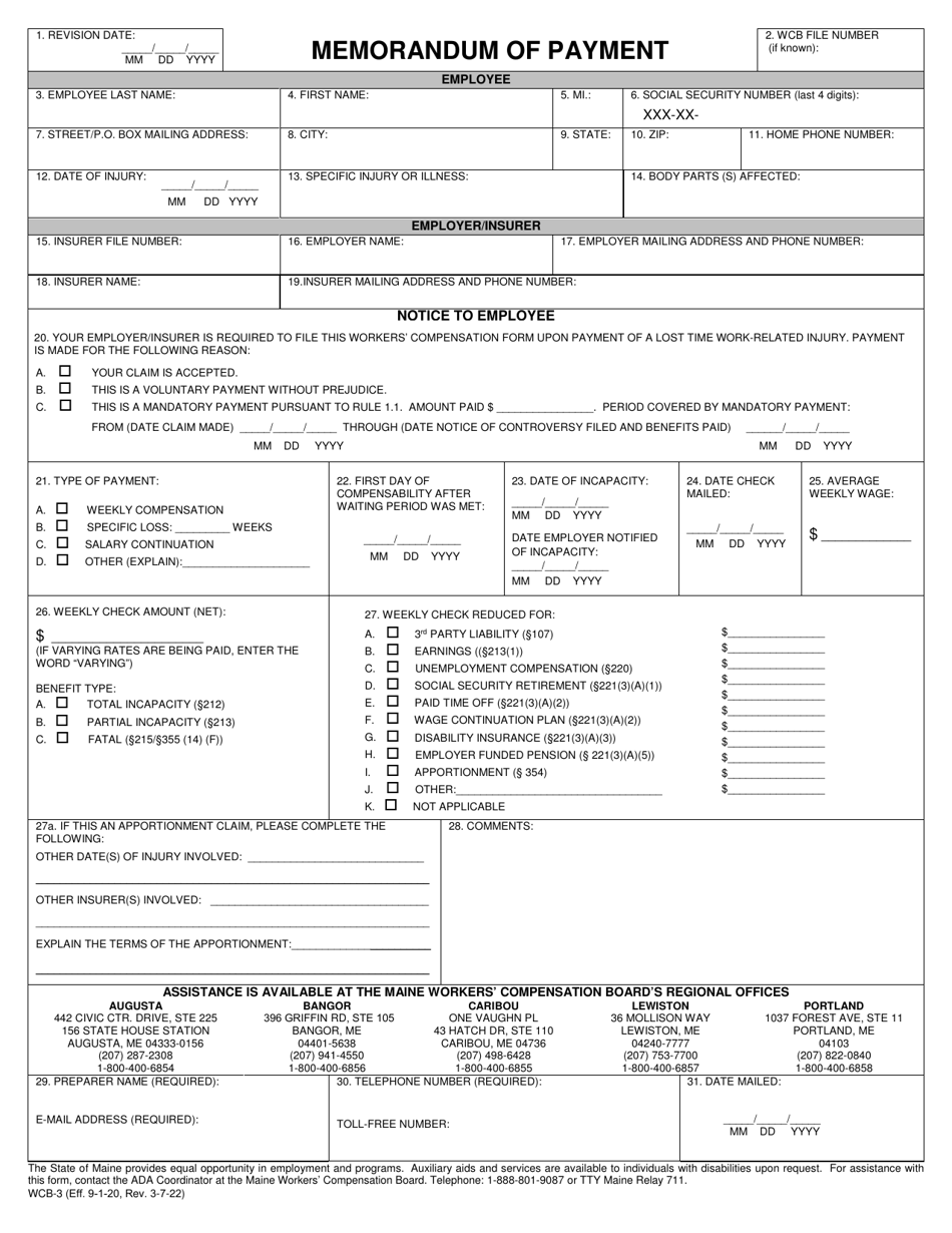 Form WCB-3 - Fill Out, Sign Online and Download Fillable PDF, Maine ...