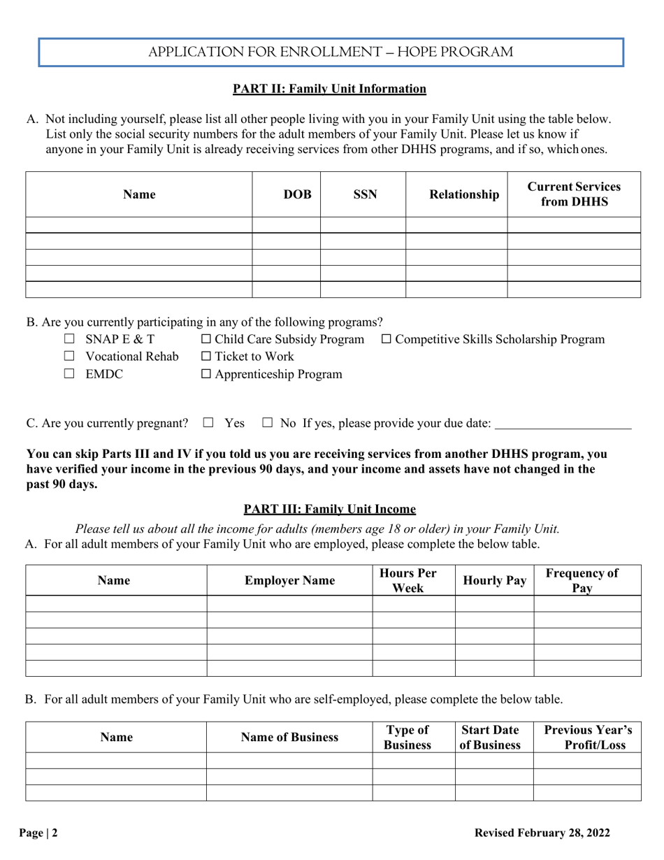 Maine Application for Enrollment Hope Program Download Fillable PDF