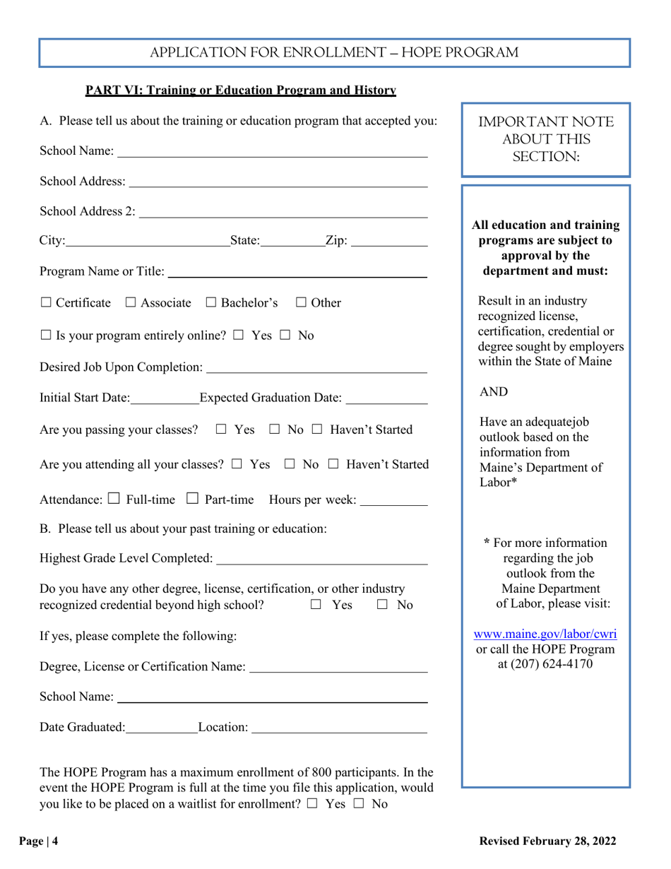 Maine Application for Enrollment Hope Program Download Fillable PDF