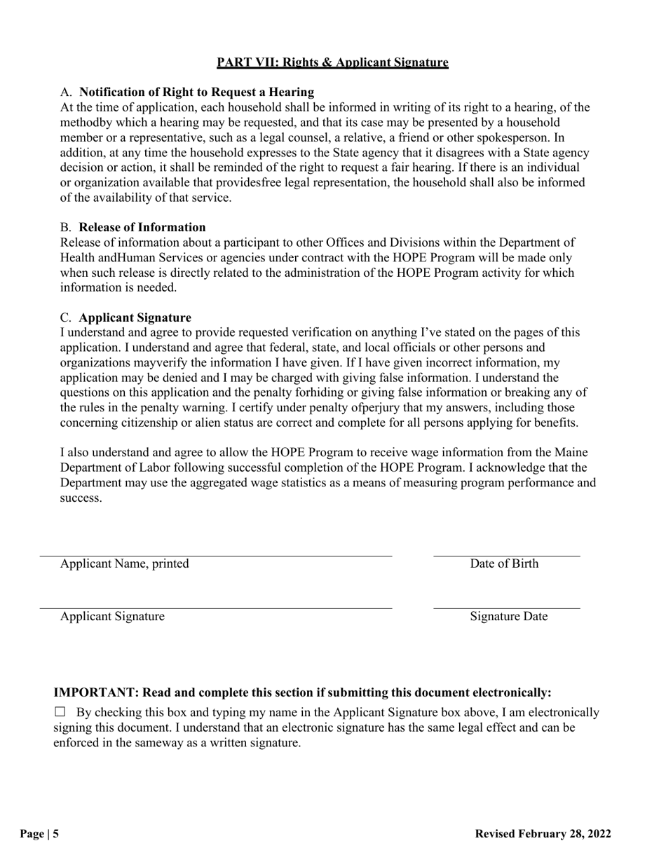 Maine Application for Enrollment Hope Program Download Fillable PDF