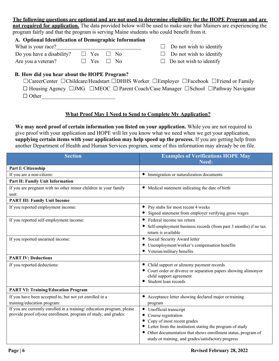 Maine Application for Enrollment Hope Program Download Fillable PDF