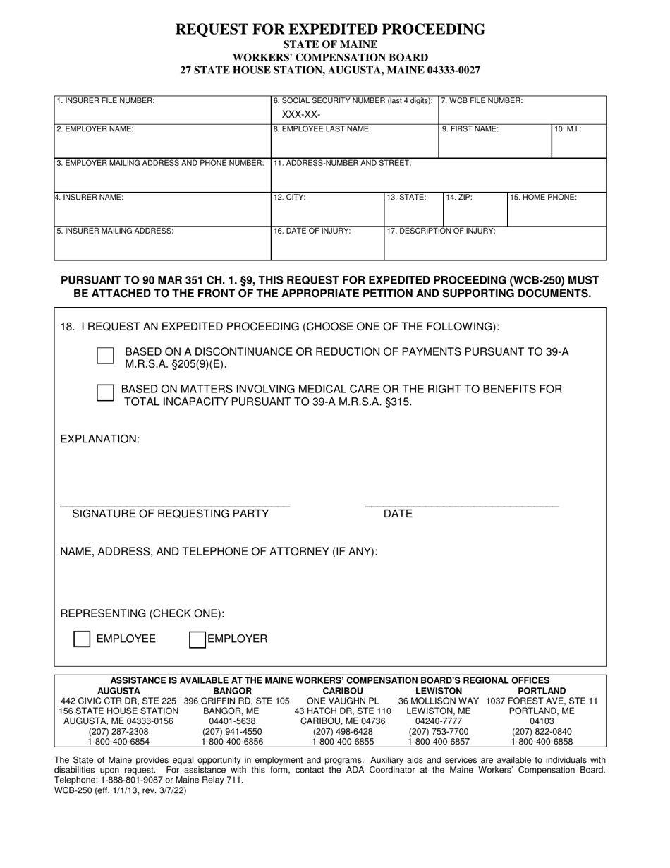 Form WCB-250 Request for Expedited Proceeding - Maine, Page 1