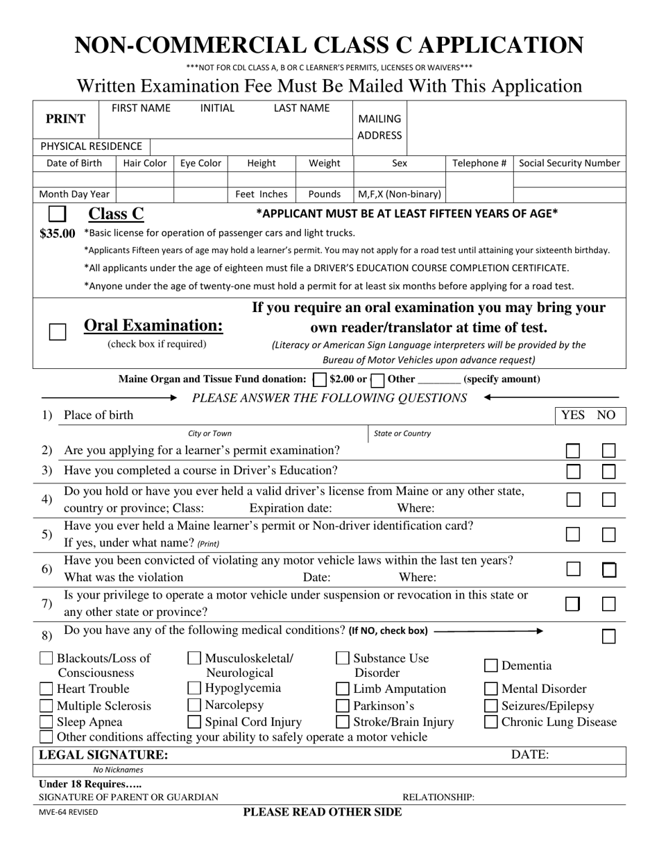 Form MVE-64 Non-commercial Class C Application - Maine, Page 1
