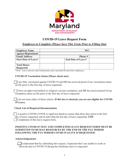 Covid-19 Leave Request Form - Maryland Download Pdf