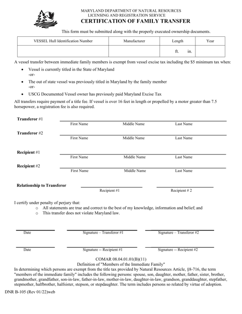 DNR Form B-105 Certification of Family Transfer - Maryland