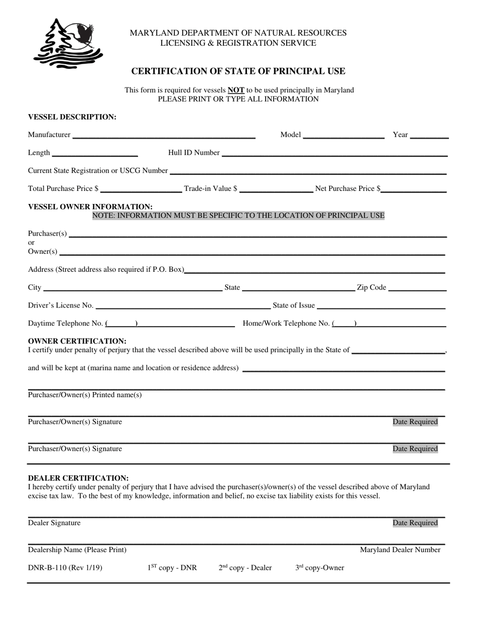 DNR Form B-110 Certification of State of Principal Use - Maryland, Page 1