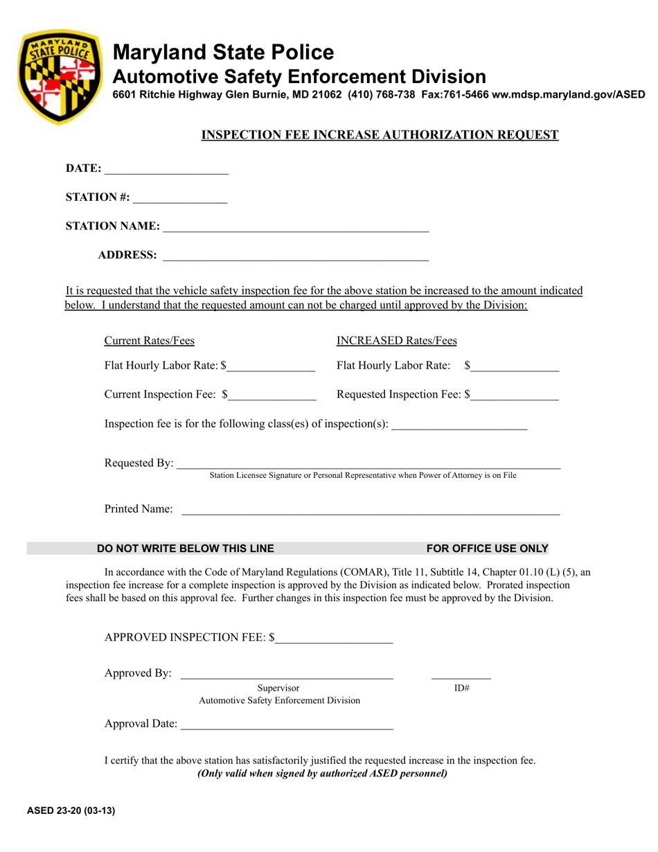 Form ASED23-20 Inspection Fee Increase Authorization Request - Maryland, Page 1