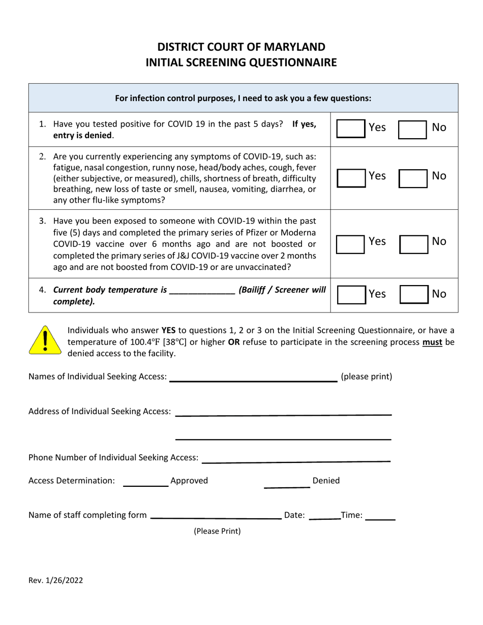 Initial Screening Questionnaire - Maryland, Page 1