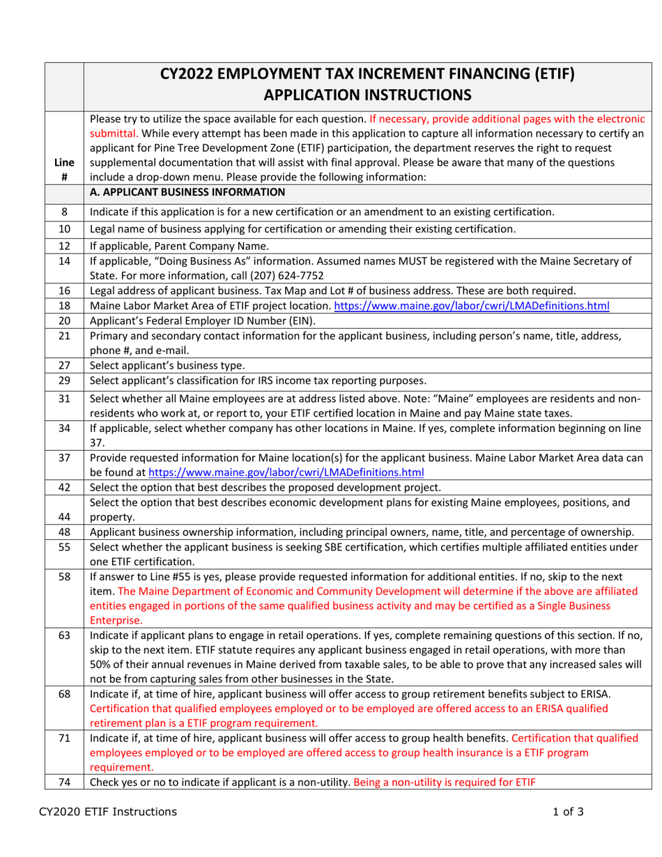 Instructions for Business Certification Application - Employment Tax Increment Financing (Etif) Program - Maine, Page 1