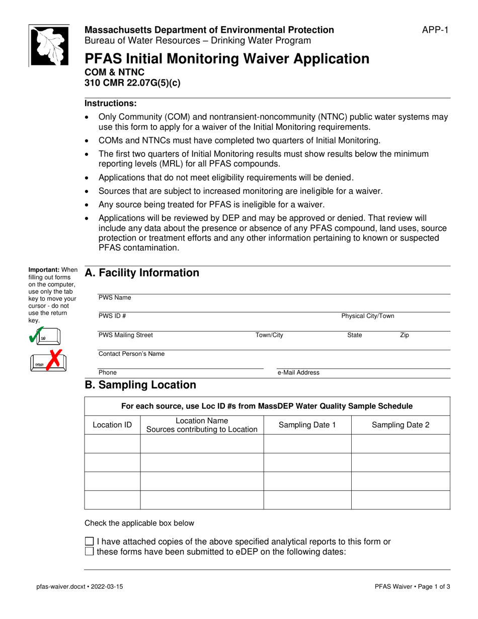 Form APP-1 Pfas Initial Monitoring Waiver Application - Massachusetts, Page 1