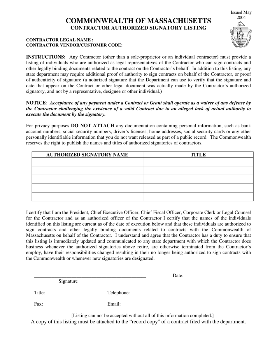 Contractor Authorized Signatory Listing - Massachusetts, Page 1