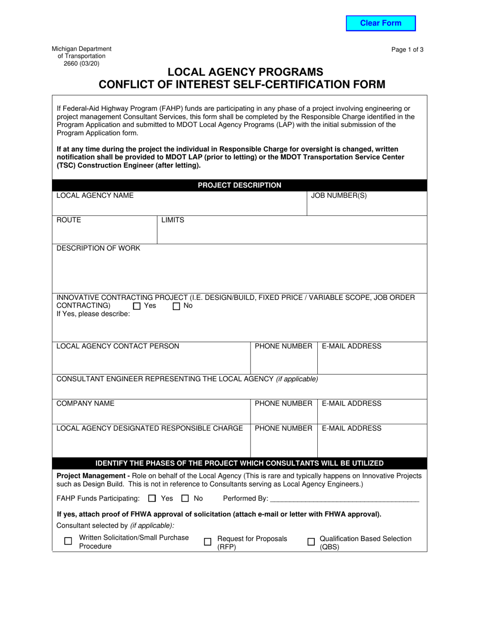 Form 2660 Local Agency Programs Conflict of Interest Self-certification Form - Michigan, Page 1