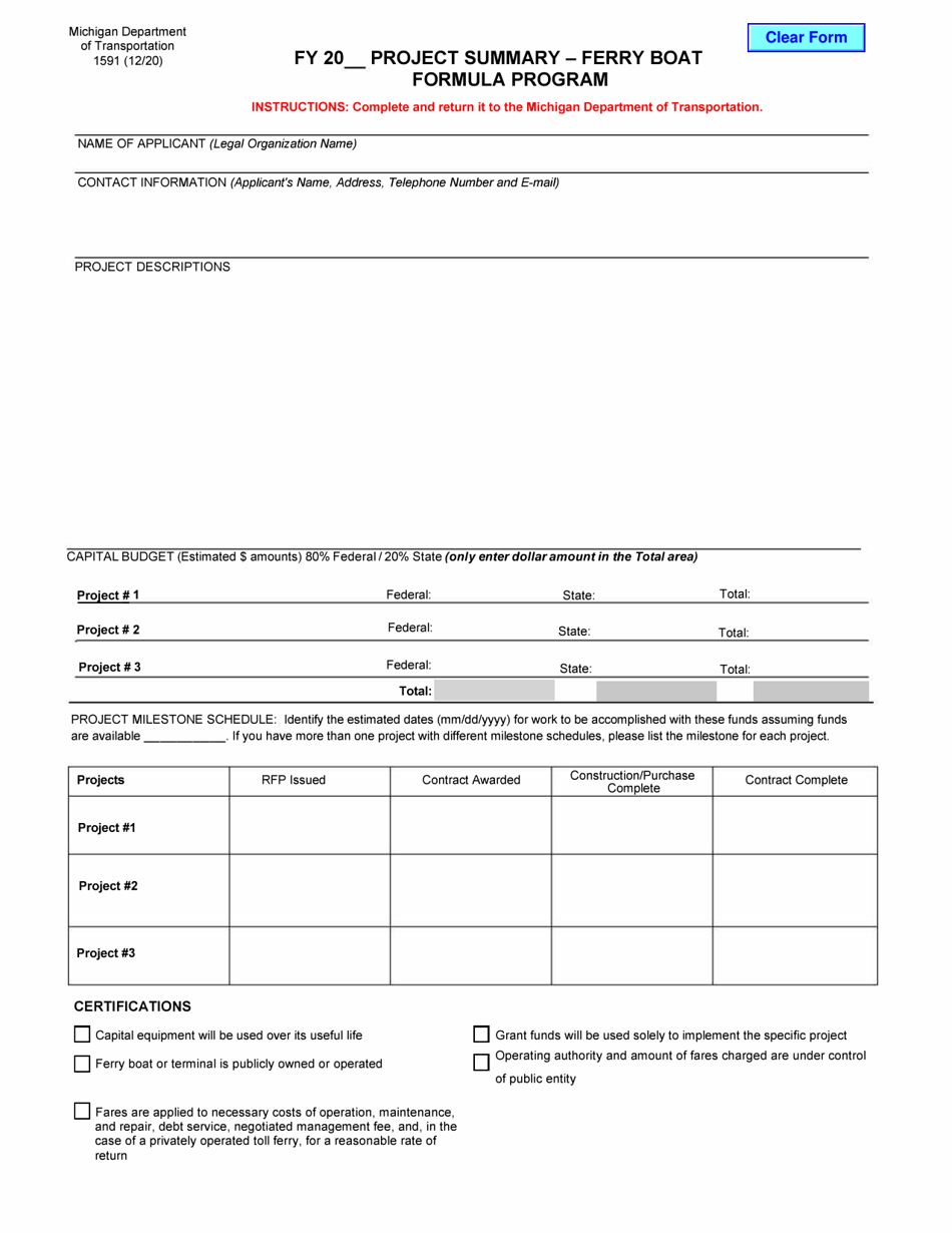 Form 1591 Project Summary - Ferry Boat Formula Program - Michigan, Page 1