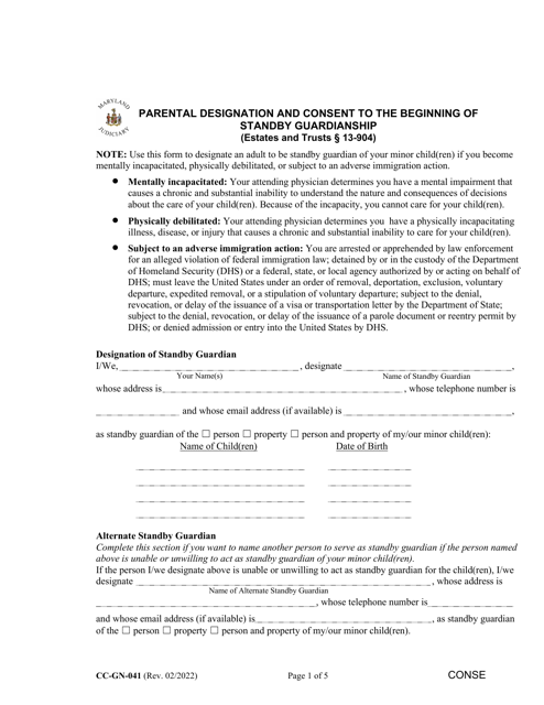 Form CC-GN-041 Parental Designation and Consent to the Beginning of Standby Guardianship - Maryland