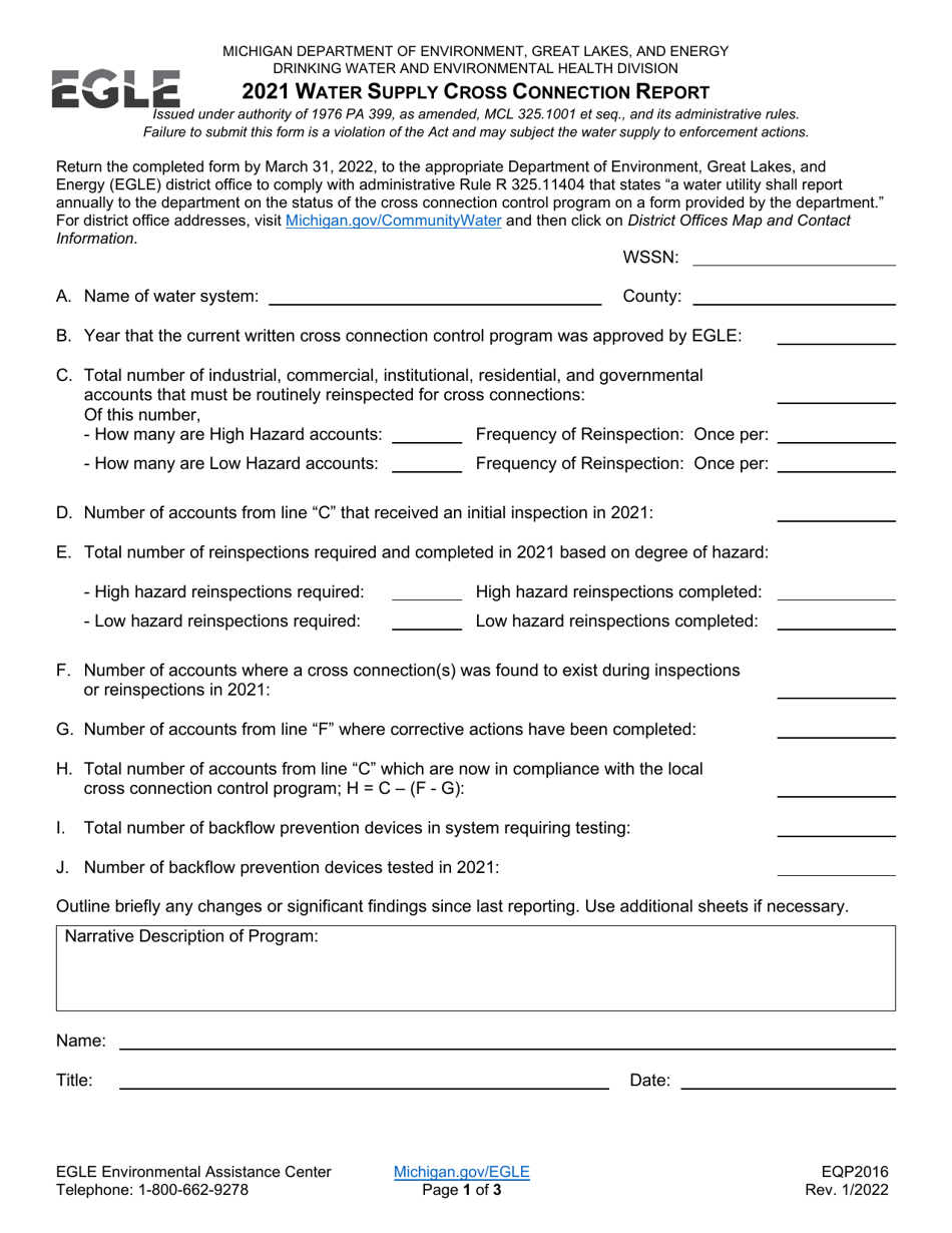 Form EQP2016 Water Supply Cross Connection Report - Michigan, Page 1