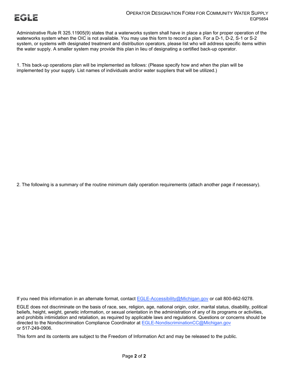 Form EQP5854 Operator Designation Form for Community Water Supply - Michigan, Page 2
