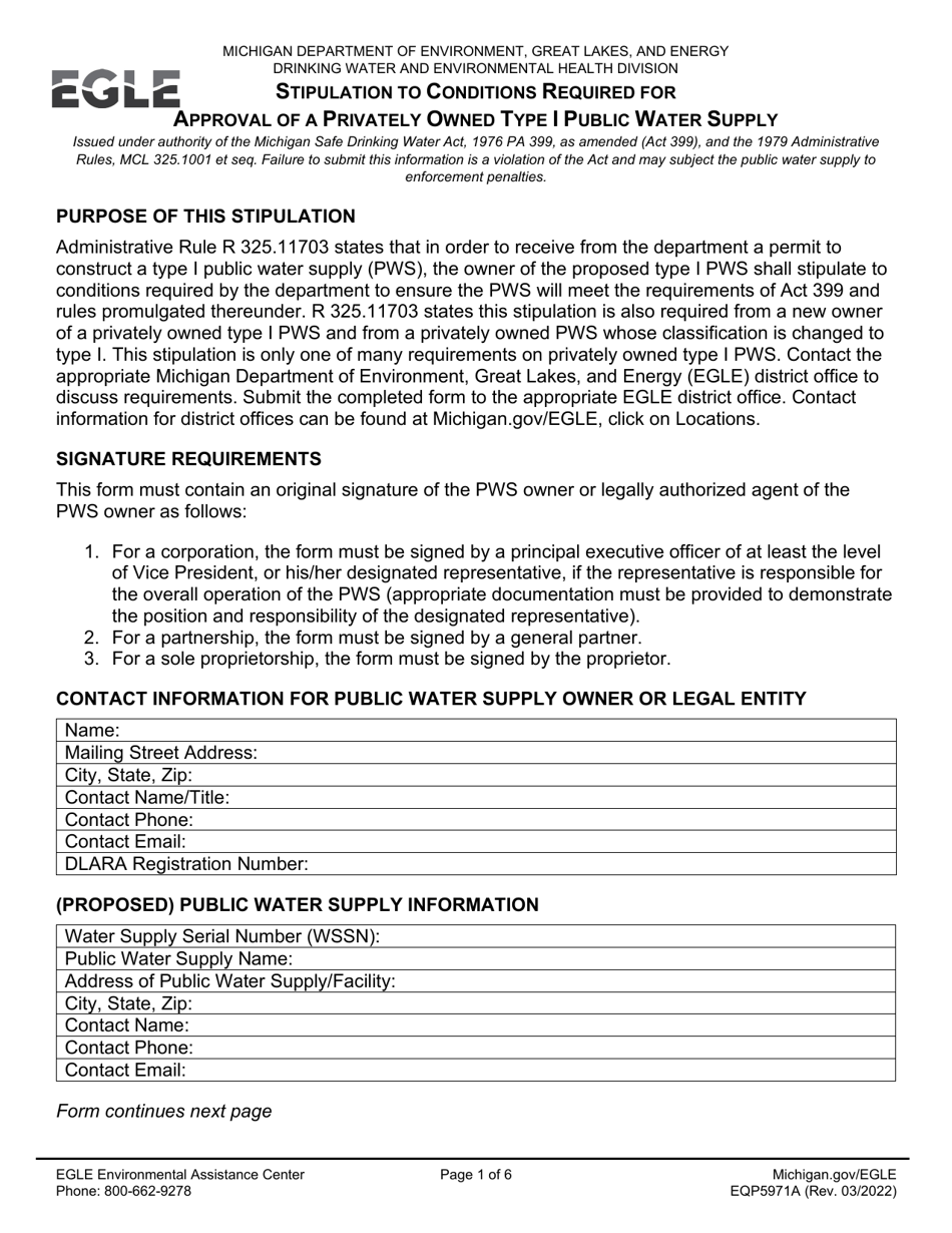 Form EQP5971A Stipulation to Conditions Required for Approval of a Privately Owned Type I Public Water Supply - Michigan, Page 1